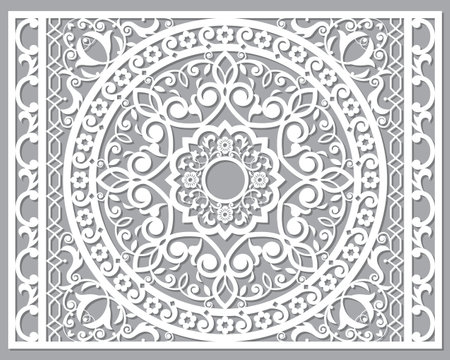 Traditional vector frame or border design, with mandala, Moroccan carved wall panels art, vector arabic pattern with flowers, leaves and swirlsのイラスト素材