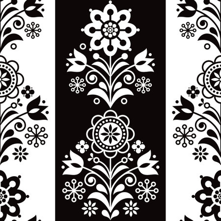 Scandinavian seamless folk art vector pattern, floral epetitive design, Nordic ornament with flowers in black on whiteのイラスト素材