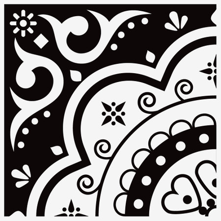 Mexican talavera tiles vector seamless pattern with single tile design in black and white, background inspired by folk art from Mexicoのイラスト素材