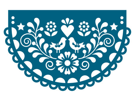 Papel Picado vector round design with birds, heart and flowers, Mexican fiesta cutout decoration in turquoise on whiteのイラスト素材