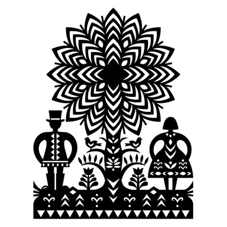 Polish folk art vector pattern with man in hat, woman and birds Kurpiowskie Leluje Wycinanki - Kurpie paper cut outs design in black and whiteのイラスト素材