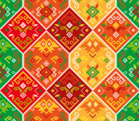 Filipino folk art - Yakan cloth inspired vector seamless pattern, retro textile or fabric print design from Philippines in red, orange and greenの写真素材