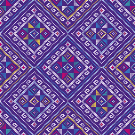 Filipino traditional vector pattern folk art - Yakan cloth inspired vector design, geometric textile or fabric print design from Philippines in red, orange and greenのイラスト素材