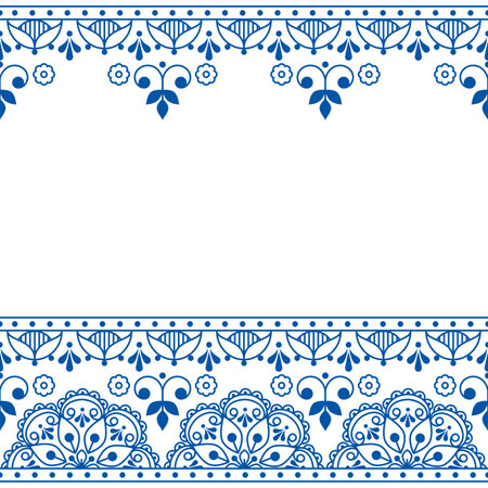 Scandinavian folk art outline vector greeting gard and seamless pattern, navy blue retro design with flowers inspired by old embroidery backgroundsのイラスト素材