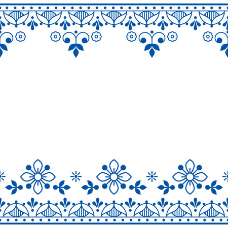 Scandinavian folk art outline vector greeting card and seamless texttile pattern, navy blue retro design with flowersのイラスト素材