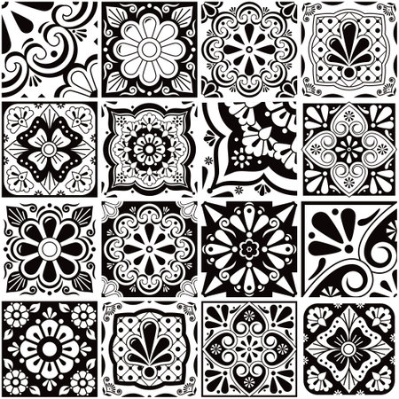 Mexican talavera tiles big collection, decorative seamless vector pattern set with flowers, leaves ans swirls in black and whiteのイラスト素材