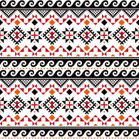 Ukrainian Pysanky vector seamless folk art pattern with waves and geometric motif - traditional Hutsul Easter eggs ornamental designのイラスト素材