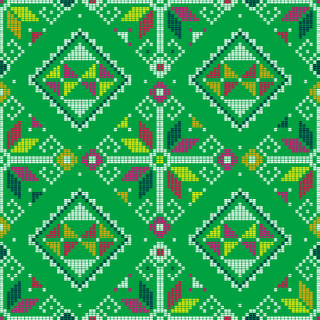 Filipino traditonal embroidery style inspired vector seamless pattern - Yakan cloth geometric textile or fabric print design from Philippines in greenのイラスト素材