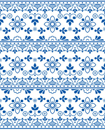 Scandinavian folk art outline vector seamless texttile or fabric print pattern, navy blue retro design with flowersの写真素材