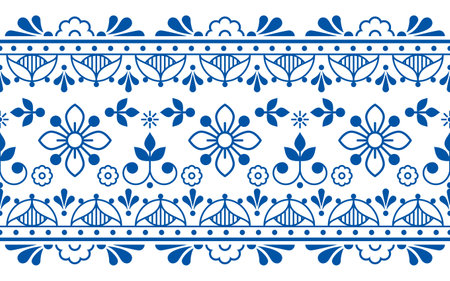 Scandinavian folk art outline vector long horizontal oriented seamless texttile or fabric print pattern, navy blue retro design with flowersのイラスト素材