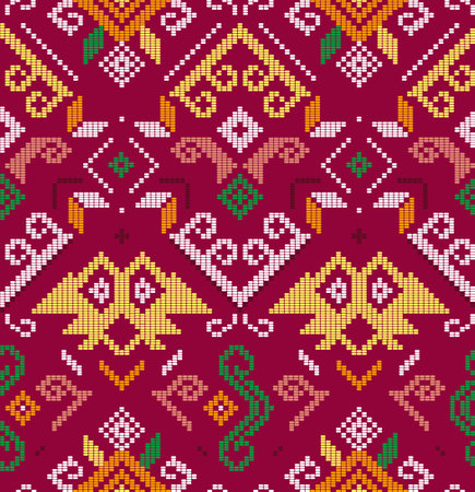Filipino unique folk art - Yakan cloth inspired vector seamless pattern, retro textile or fabric print design from Philippines on red backgroundのイラスト素材
