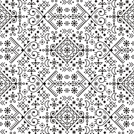 Icelandic rune art inspired vector seamless pattern, geometric tribal line art decoration with moons and abstract shapesのイラスト素材