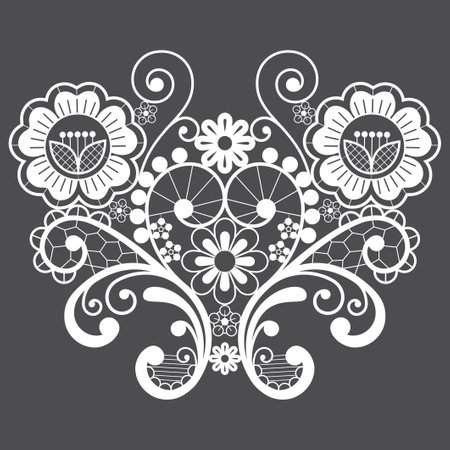Wedding floral lace vector single pattern with swirls, retro design in white on gray backgroundのイラスト素材