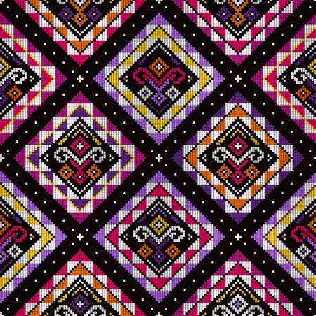 Filipino folk art Yakan weaving inspired vector seamless pattern with geometric motif on black for textile or fabric print designのイラスト素材