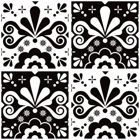 Mexican talavera tile vector seamless pattern, black and white tiles background with flowers and swirls inspired by ornaments from Mexicoのイラスト素材