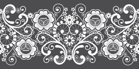 Vintage lace seamless vector long pattern, ornamental repetitive design with flowers and swirls in white on gray backgroundのイラスト素材