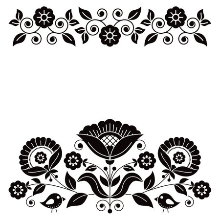 Swedish folk art vector greeting card pattern with black and white birds, heart, and flowers inspired by the traditional Scandinavian artのイラスト素材