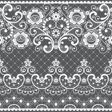 French lace seamless vector textile or fabric print pattern, ornamental repetitive design with flowers and swirls in white on gray backgroundのイラスト素材