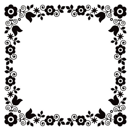 Polish folk art inspired square frame vector design, perfect for floral greeting card or wedding invitation in black and whiteのイラスト素材