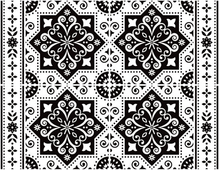 Portuguese Azulejo tile seamless vector pattern, retro design with frame or border in black and whiteのイラスト素材
