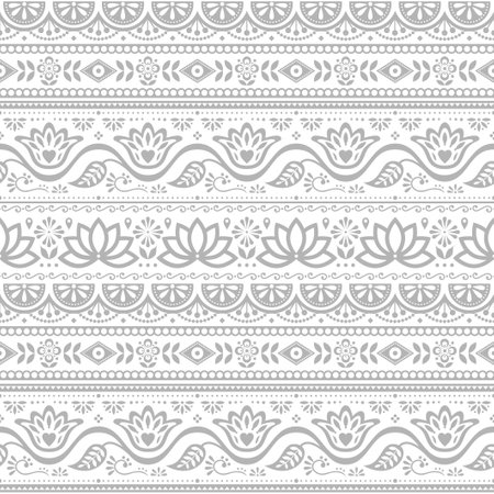 Pakistani truck art vector seamless pattern, Indian truck floral design with flowers, leaves and abstract shapes in gray on whiteのイラスト素材