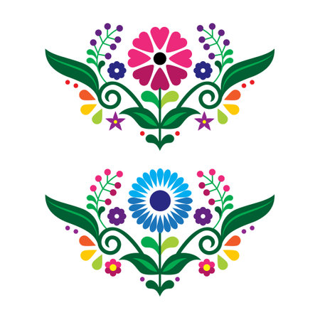 Mexican traditional folk art style vector floral two design set, colorful pattern inspired by embroidery from Mexicoのイラスト素材