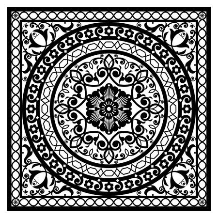 Moroccan vector mandala design inspired by the oriental carved wood wall art patterns from Morocco in black on white backgroundのイラスト素材
