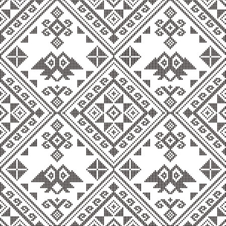 Filipino folk art - Yakan cloth inspired vector seamless pattern, traditional textile or fabric print design from Philippines in black and whiteのイラスト素材