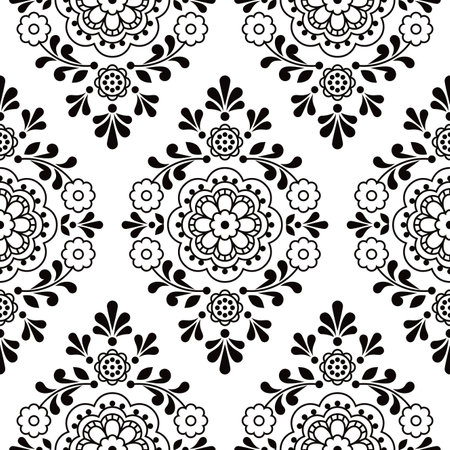 Floral folk outline vector seamless pattern with flowers, ornamental black and white design with flowers inspired by lace and embroidery Scandinavian artのイラスト素材