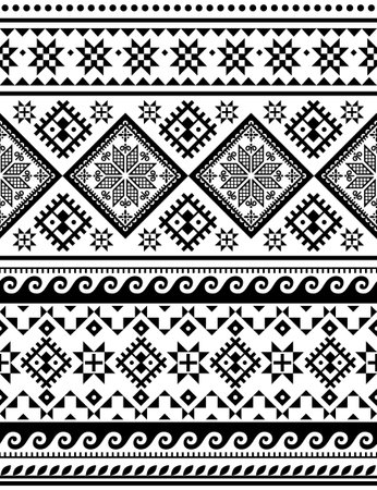 Ukrainian Hutsul Pysanky vector seamless pattern with waves, stars and geometric shapes, folk art Easter eggs repetitive design in black and whiteのイラスト素材