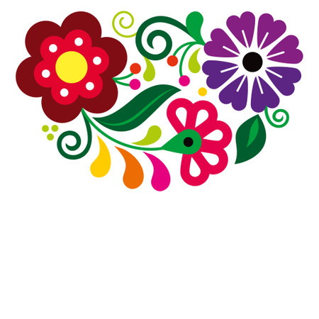 Mexican folk art style vector half mandala greeting card or wedding invitation pattern, nature design inspired by traditional embroidery designs from Mexicoのイラスト素材