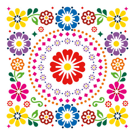 Mexican folk art style vector square floral vibrant pattern - greeting card or invitation design,のイラスト素材