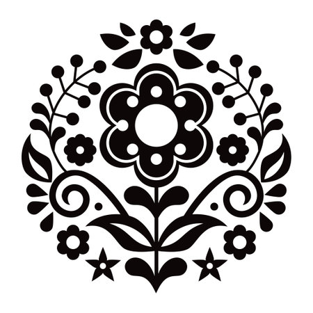 Mexican folk art style vector mandala pattern with flowers, vibrant round design inspired by traditional embroidery designs from Mexico in black and whiteのイラスト素材