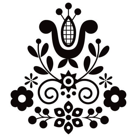Polish cute folk art vector design wtih flowers and leaves - greeting card or wedding invitation ornament in black and whiteのイラスト素材