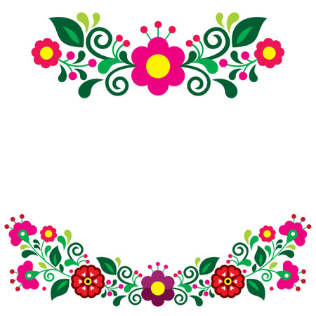 Mexican folk art style vector floral greeting card design elements, retro vibrant patterns set inspired by traditional embroidery from Mexicoのイラスト素材
