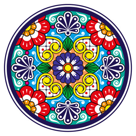 Mexican Talavera pottery or ceramics style vector plate design, round decorative background inspired by traditional designs from Mexicoのイラスト素材