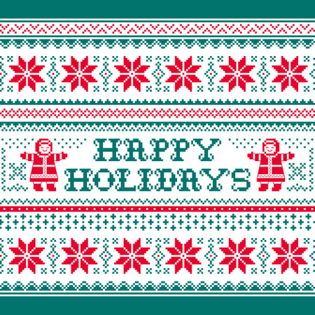 Christmas, xmas, greeting card, background, vector, pattern, repetitive, red, Nordic, Scandinavian, sweater, birds, swirls, cross stitch, embroidery, folk art, retro, vintage, knitのイラスト素材