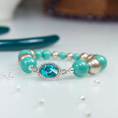 Bracelet with Swarowski Blue and Silver Beads, Pears and Cristal Stoneの写真素材