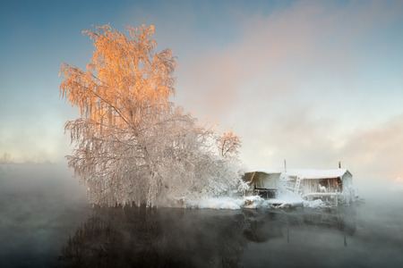 Fisherman's hut in the winterの写真素材
