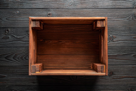 empty wooden box on wooden table, top viewの写真素材