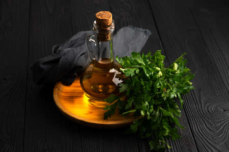 still life with olive oil and parsleyの写真素材
