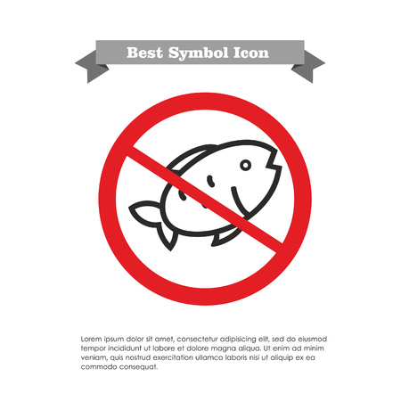 Icon of fish in prohibition sign, with text on grey ribbon and sample textのイラスト素材