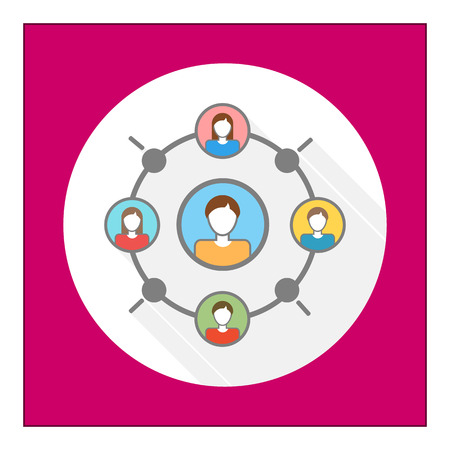Icon of set of male and female character portraits in circle and one in center, depicting interaction in social networkのイラスト素材