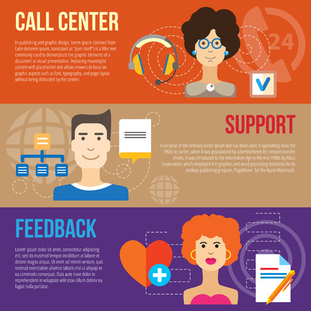 Set of flat design concepts of client service, including call center, client support and feedback on colored backgroundのイラスト素材