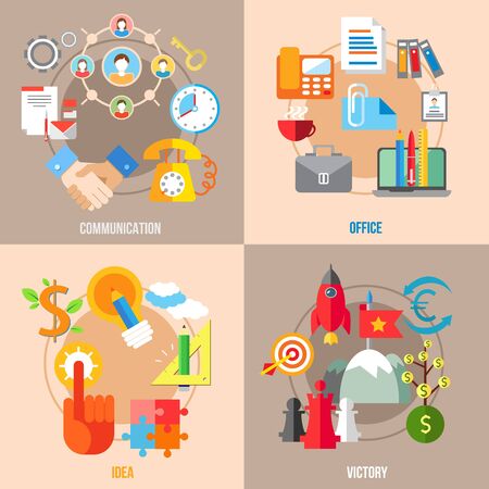 Set of flat design concepts of business communication, office, idea, victory on colored backgroundのイラスト素材