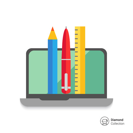 Icon of open laptop, pencil, pen and rulerのイラスト素材