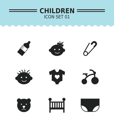Set of vector icons with children and childhood concepts, isolated on whiteのイラスト素材