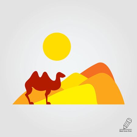 Icon of desert landscape with sand hills, sun and camelのイラスト素材