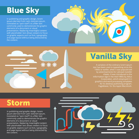 Set of flat design concepts of blue sky, vanilla sky and storm on colored backgroundのイラスト素材