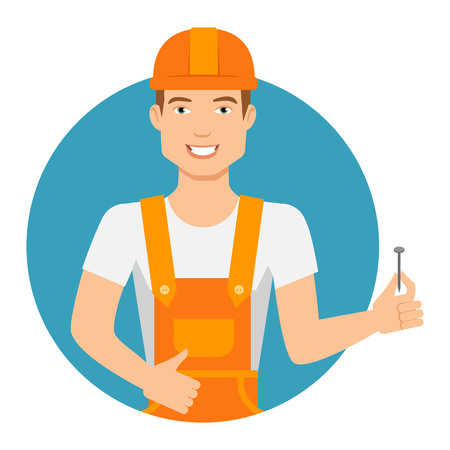 Male character, portrait of young man in overall and hardhat, holding nailのイラスト素材